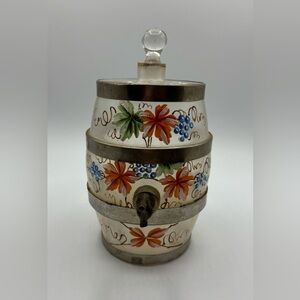 Antique 1920s Frosted Glass Hand Painted Barrel/Keg Decanter